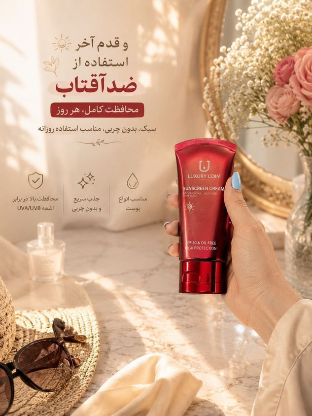 کرم ضد آفتاب لاکچری کوین مدل CBD Oil SPF 50 حجم ۵۰ میل